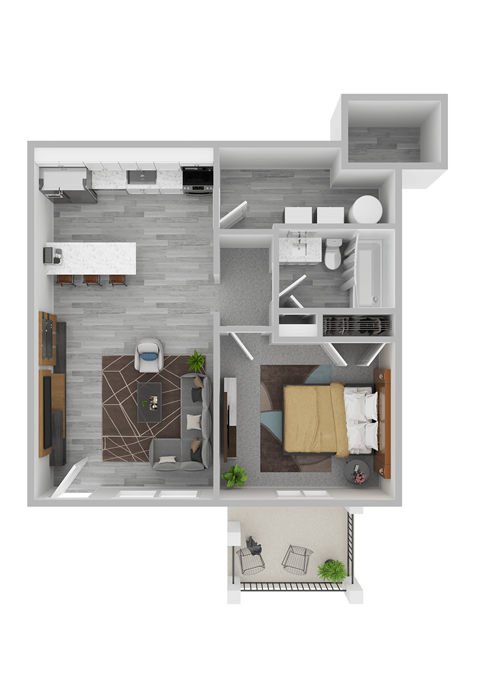 a stylized floor plan of a 1 bedroom apartment